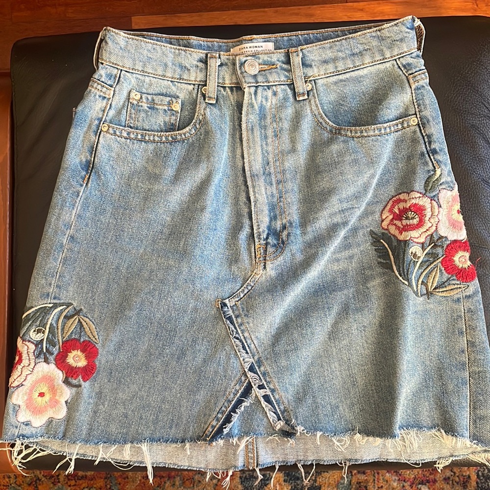 Zara Denim Embroidered Skirt